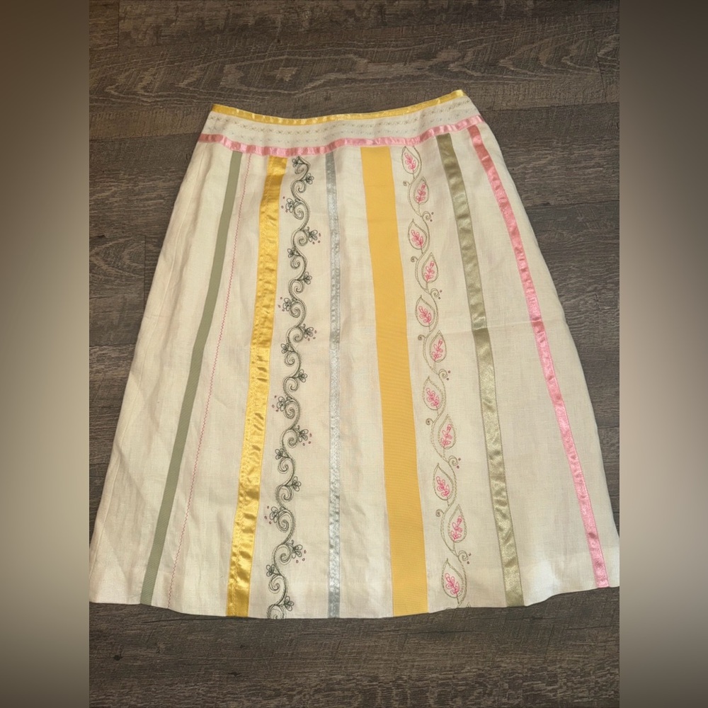 Paraphrase Whimsical Boho Floral Embroidery Lined Linen Casual Midi Skirt Size 4